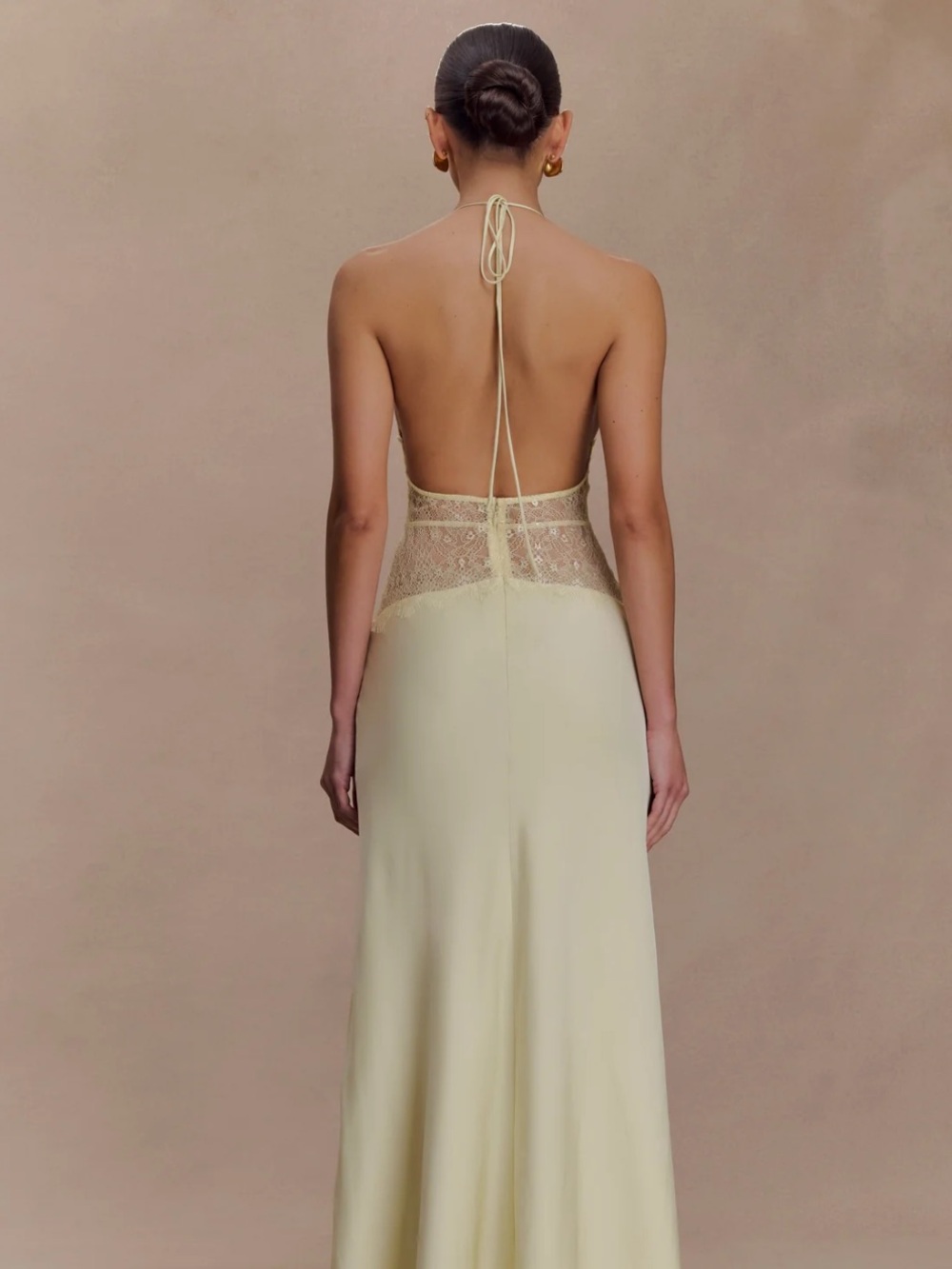 Dinah Meshki Pale Yellow Halter Lace-Panel Maxi Dress - Picture 2 of 5
